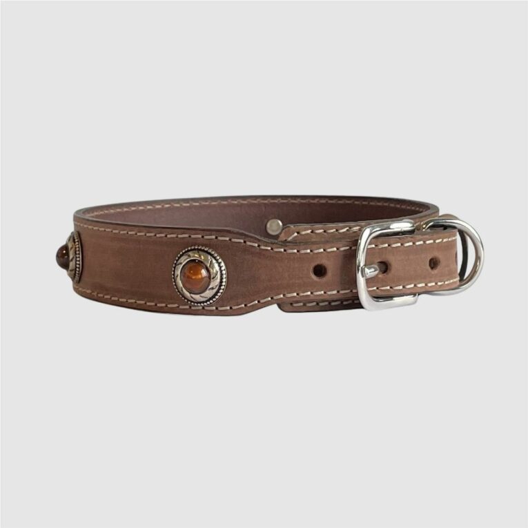 leather collar with stones brown