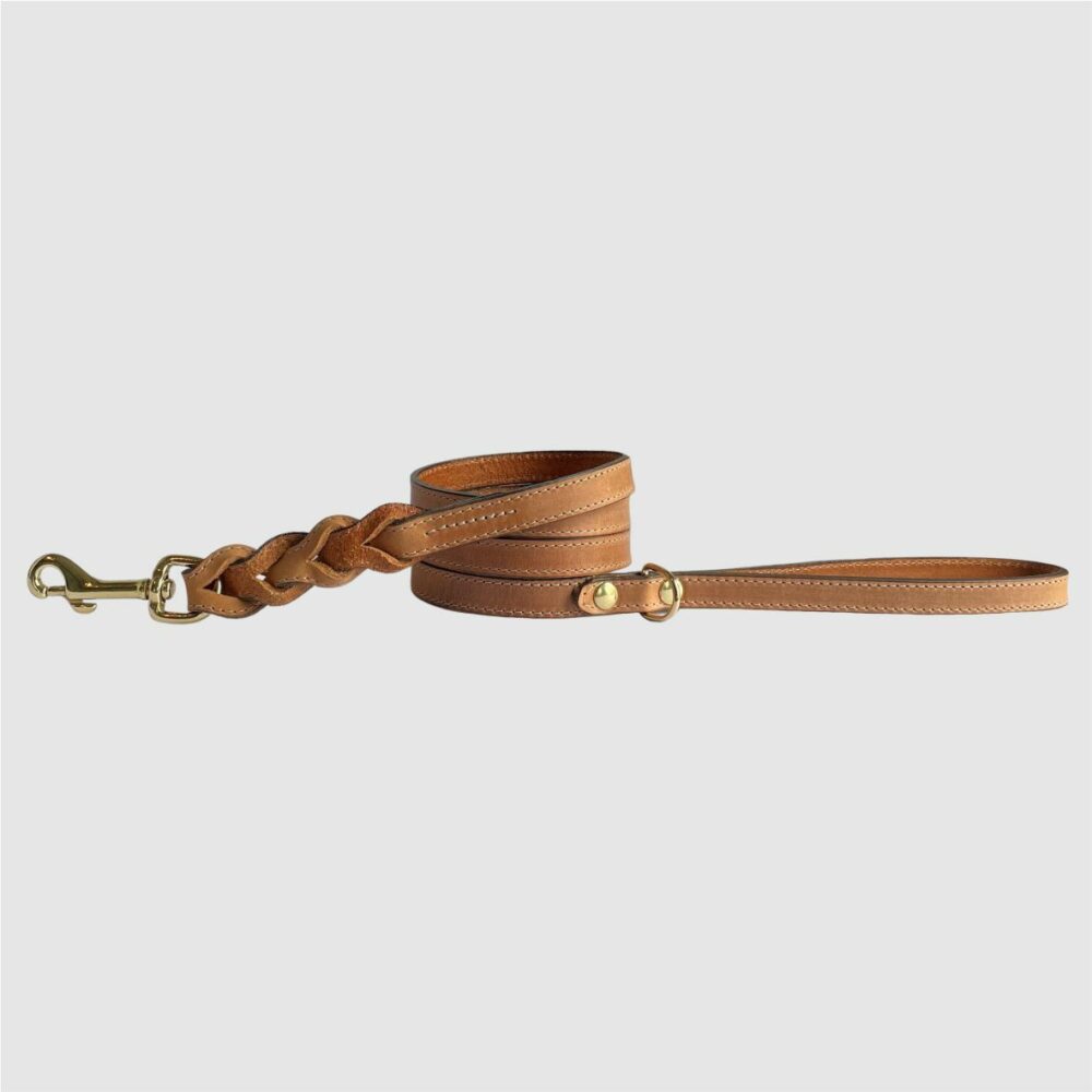 leather braided dog leash cognac